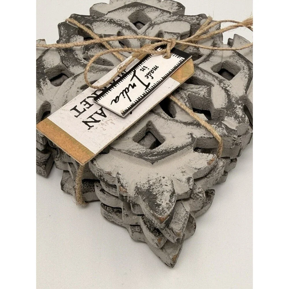 Artisan Market Hand Carved Wood Coasters Gray Distressed Set of 4 Farmhouse 4x4